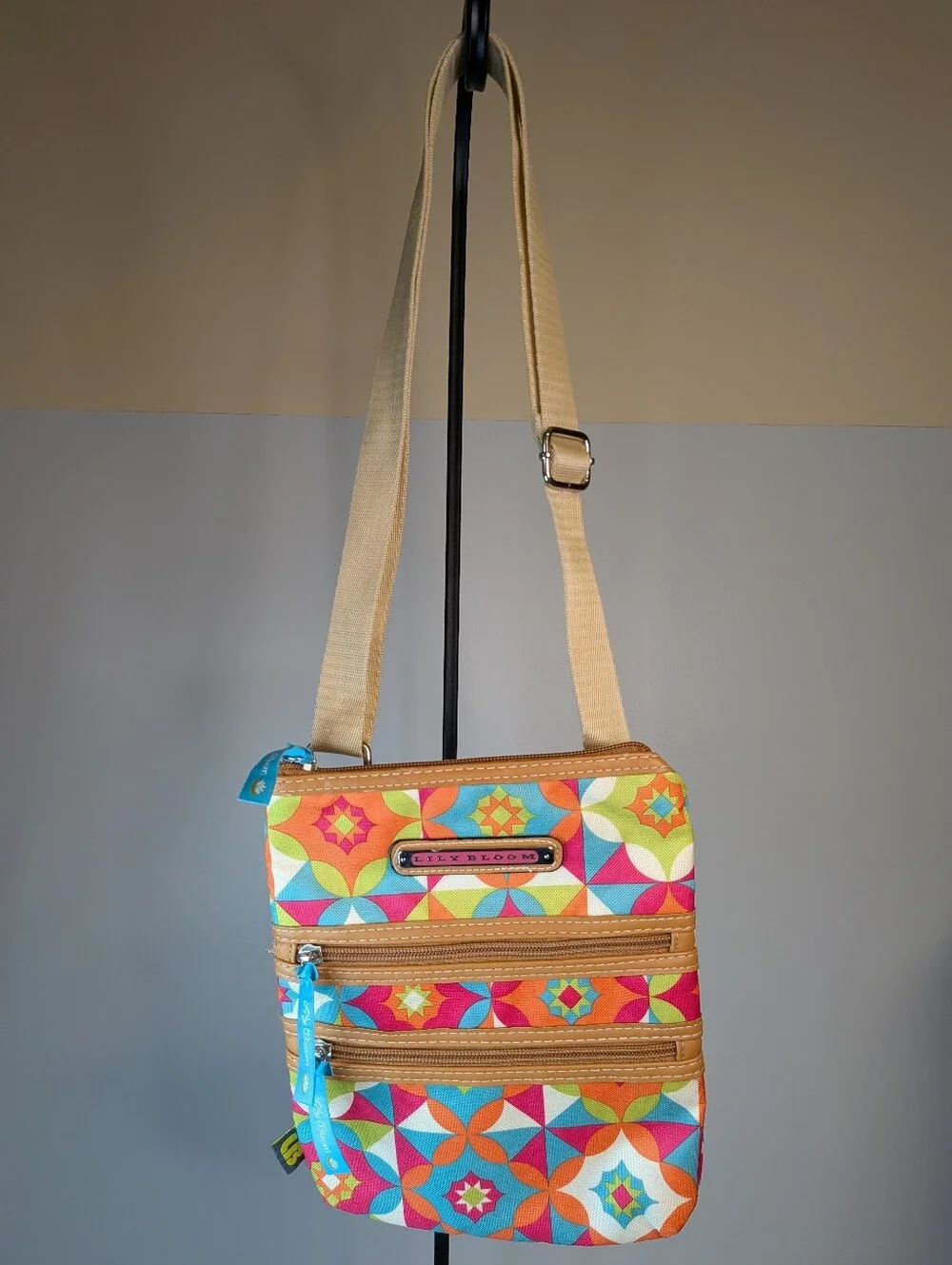 Lily Bloom Eco-Friendly Canvas Crossbody Bag Geometric Print Multi Pocket